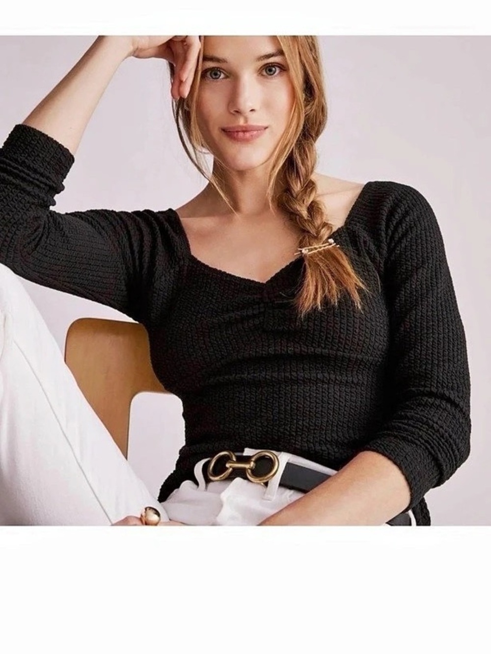 Maeve Textured Sweetheart Top Long Sleeve Black Size Small
